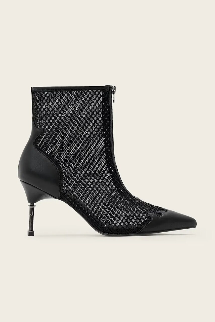 Členkové topánky AllSaints Natasha Mesh Boot čierna farba, na vysokom podpätku, W076FD