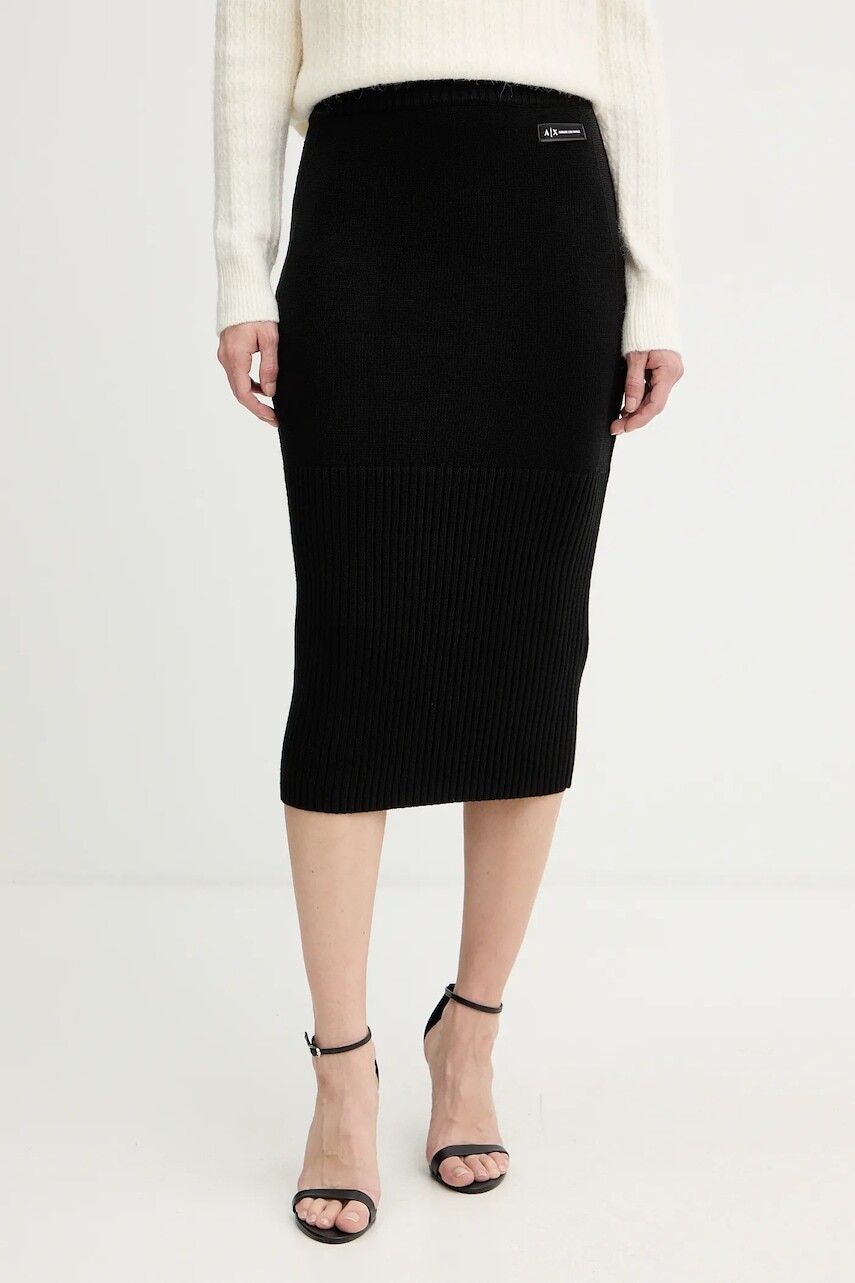Sukňa s prímesou vlny Armani Exchange čierna farba, midi, puzdrová, XW001309 AF13774