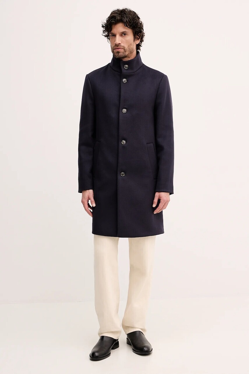 Kabát s prímesou vlny Tommy Hilfiger tmavomodrá farba, MW0MW40767