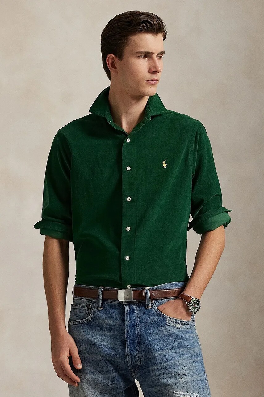 Menčestrová košeľa Polo Ralph Lauren 80.2 21W CORDUROY zelená farba, slim, s klasickým golierom, 710P00518006