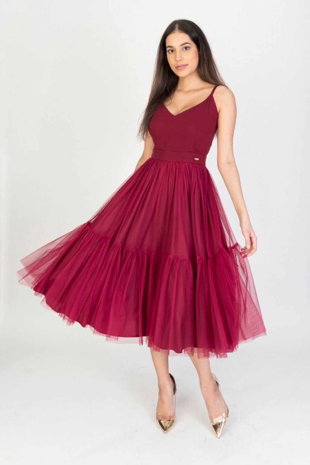 Parisse Bordové midi šaty s tylovou sukňou Veľkosť: L