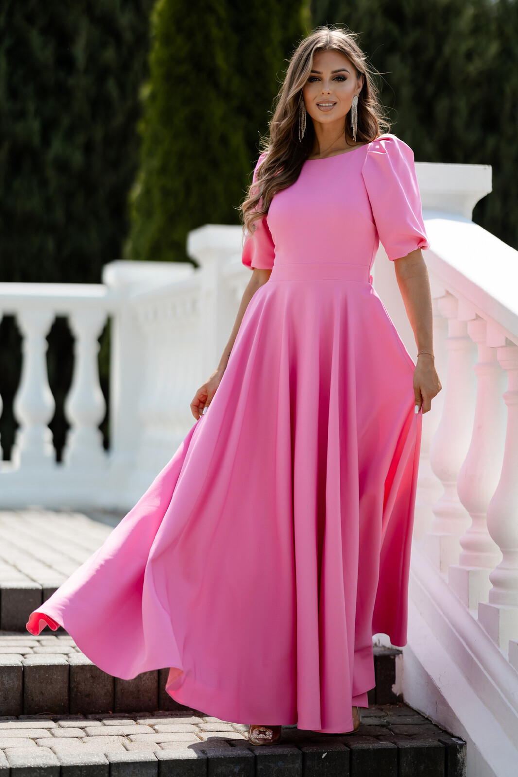 Lacoria Poškodený tovar - Ružové spoločenské šaty s balónovými rukávmi Veľkosť: S