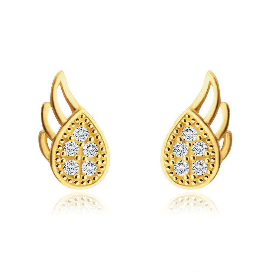 Zlaté 375 náušnice - okrídlená slzička, drobné okrúhle zirkóniky, puzetové zapínanie