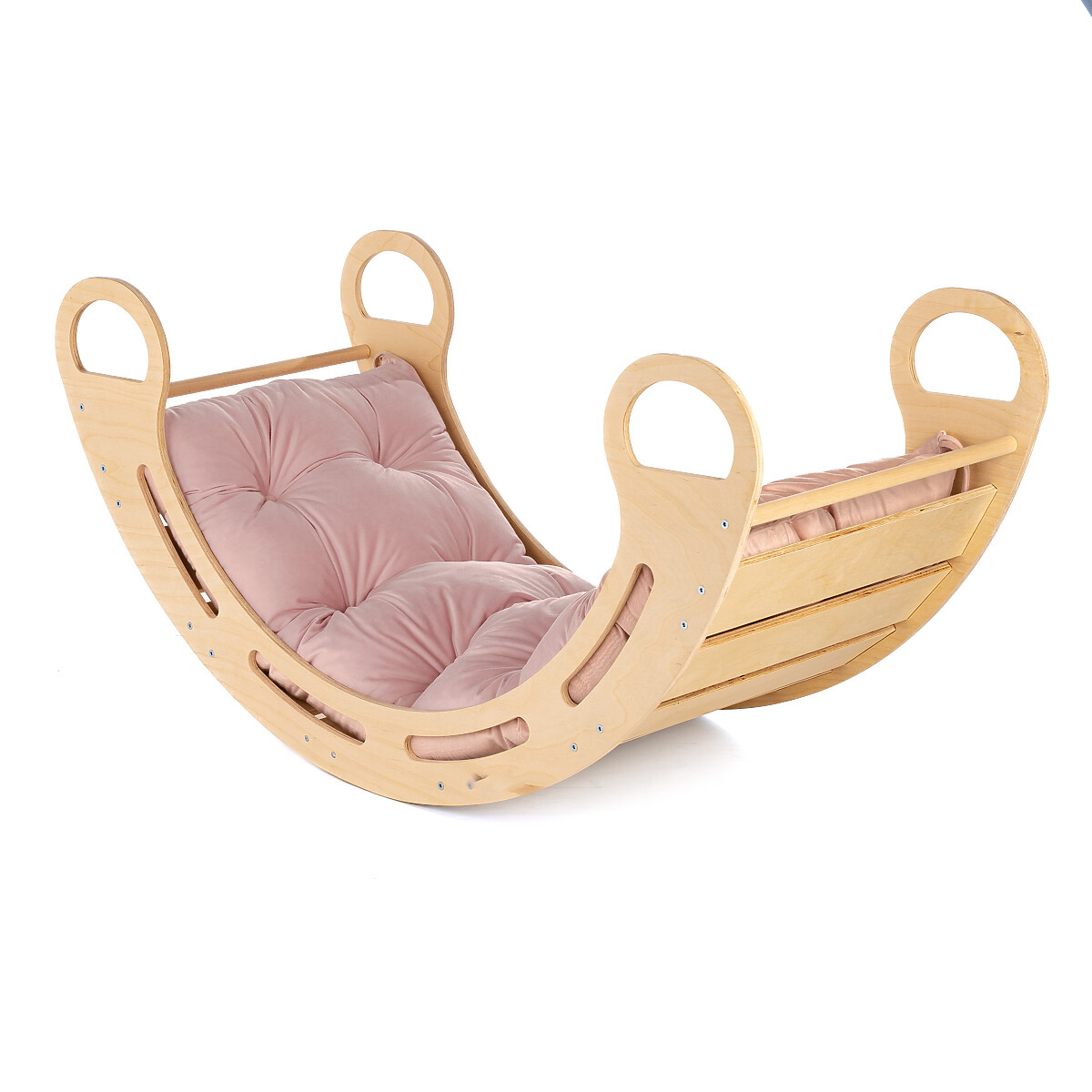 Drevená montessori hojdačka s ružovým vankúšom - 100 cm