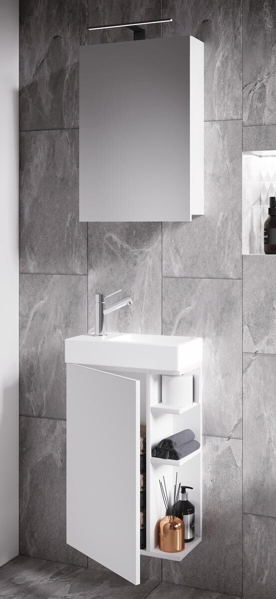 3-dielna umývadlová skrinka pre hostí Lumia so zrkadlom, biela