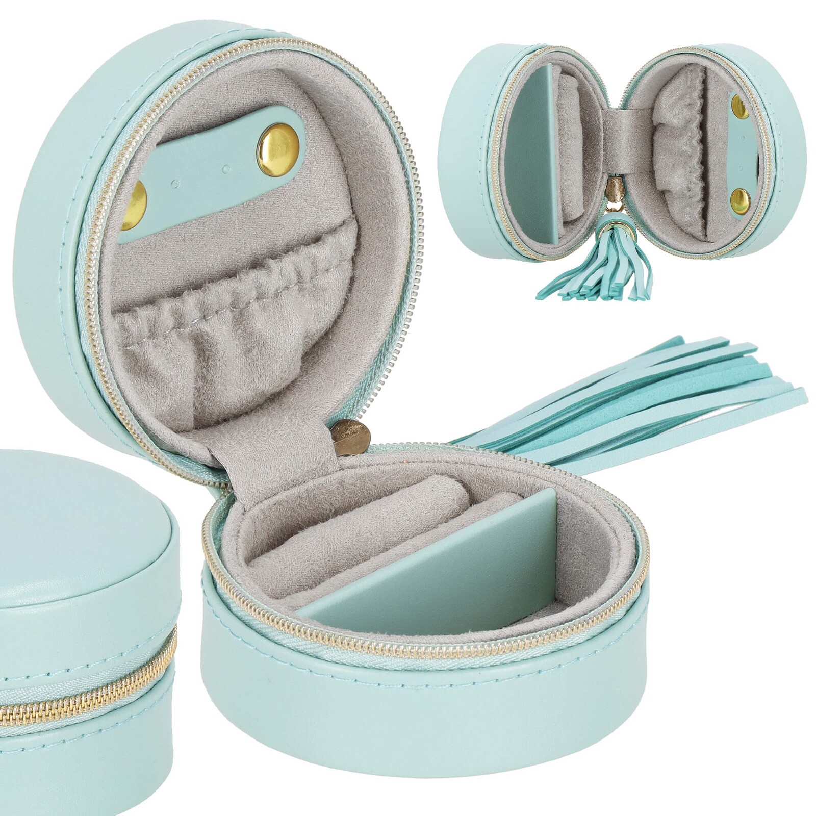 Okrúhla šperkovnica s priehradkami - 8x5 cm  - mint ekokoža