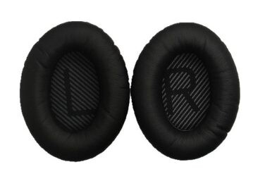 Náhradné kožené náušníky pre slúchadlá Bose QuietComfort 2, 15, 25 a 35 - Čierne s čiernym vnútrom