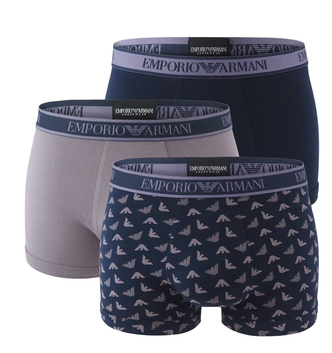 EMPORIO ARMANI - boxerky 3PACK stretch cotton viola & black con logo Armani