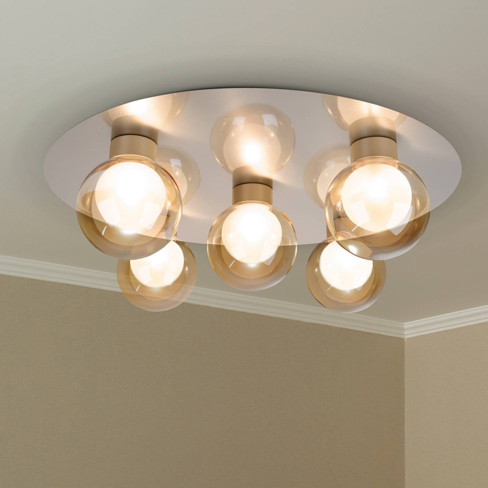 Stropné svietidlo Donika, 5-pl. okrúhle, sklo, oceľ, jantár, G9