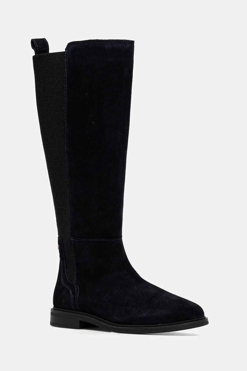 Semišové čižmy Tommy Hilfiger FLAG SUEDE LONG BOOT tmavomodrá farba, na plochom podpätku, FW0FW08779