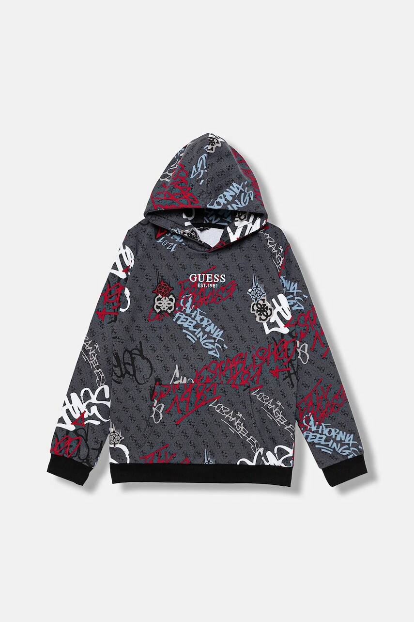Detská bavlnená mikina Guess šedá farba, s kapucňou, vzorovaná, L5BQ04 KAD74