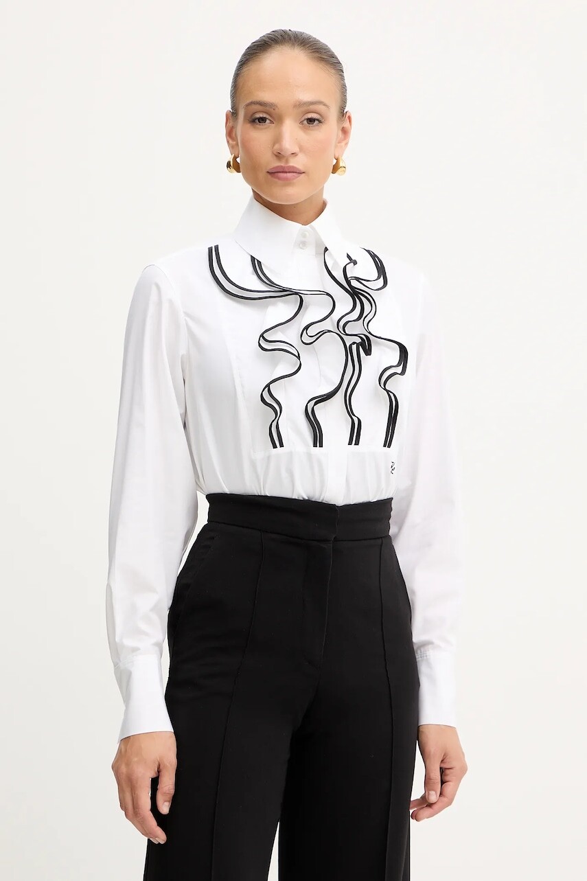 Bavlnená košeľa Karl Lagerfeld biela farba, voľný strih, s klasickým golierom, A4W11015