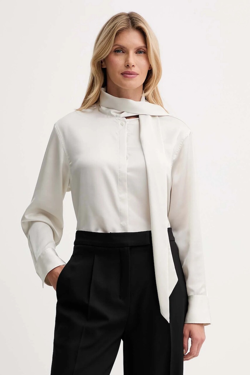 Košeľa Calvin Klein béžová farba, regular, s viazaním vo výstrihu, LV044D125G