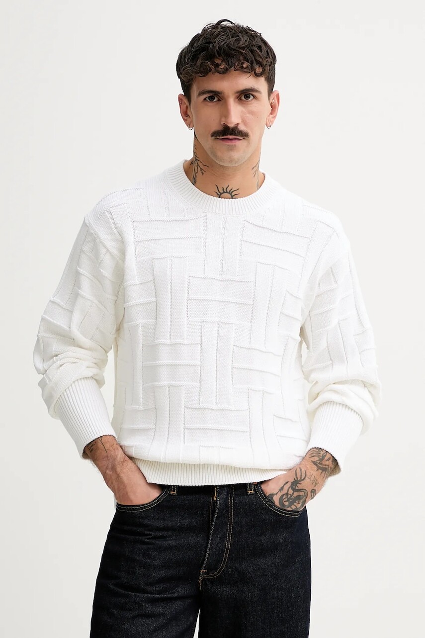 Bavlnený sveter Kenzo Weave pánsky, biela farba, teplý, FF55PU7083CB.02