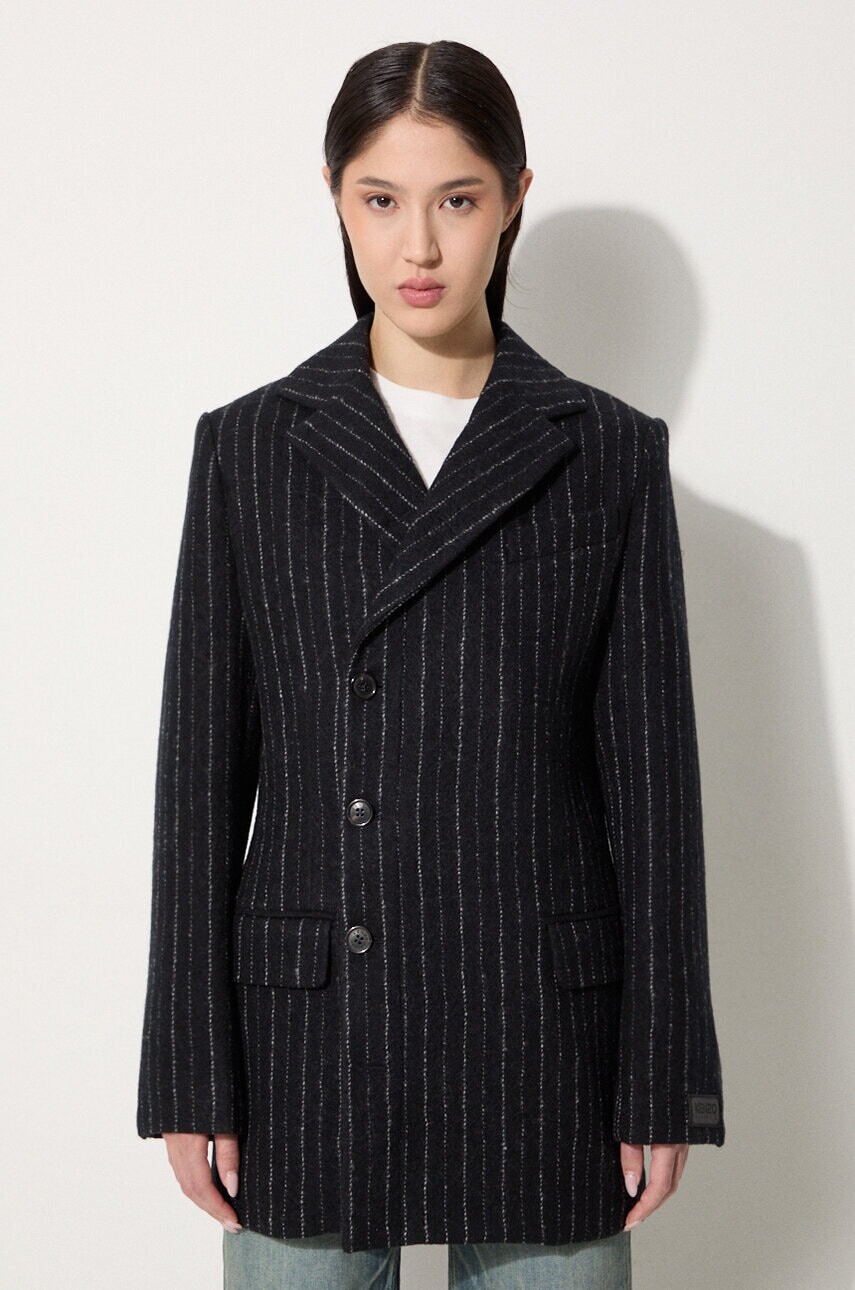 Vlnený kabát Kenzo Tennis Stripes Pea Coat čierna farba, prechodný, dvojradový, FE62MA2209GM.99