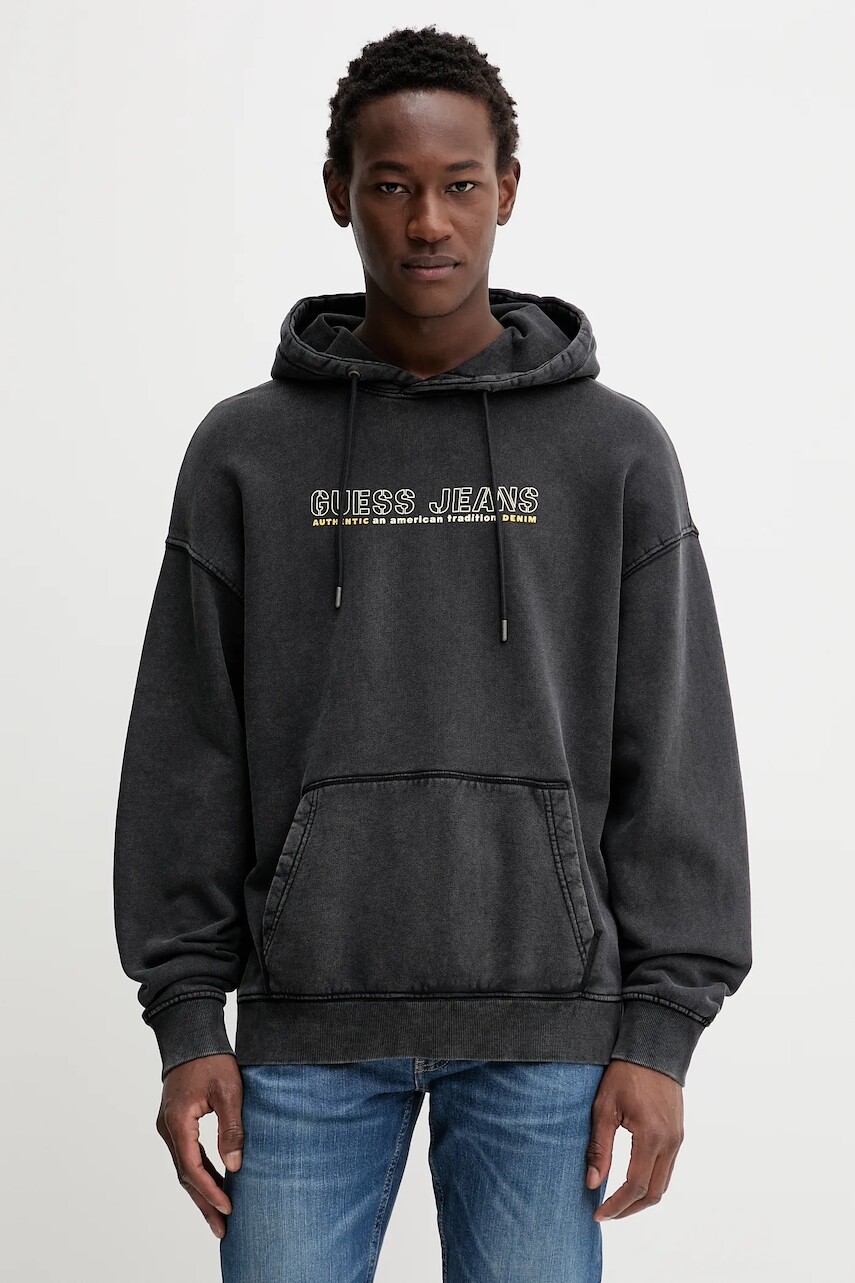 Bavlnená mikina Guess Jeans šedá farba, s kapucňou, s potlačou, M5BQ30 KCPR1