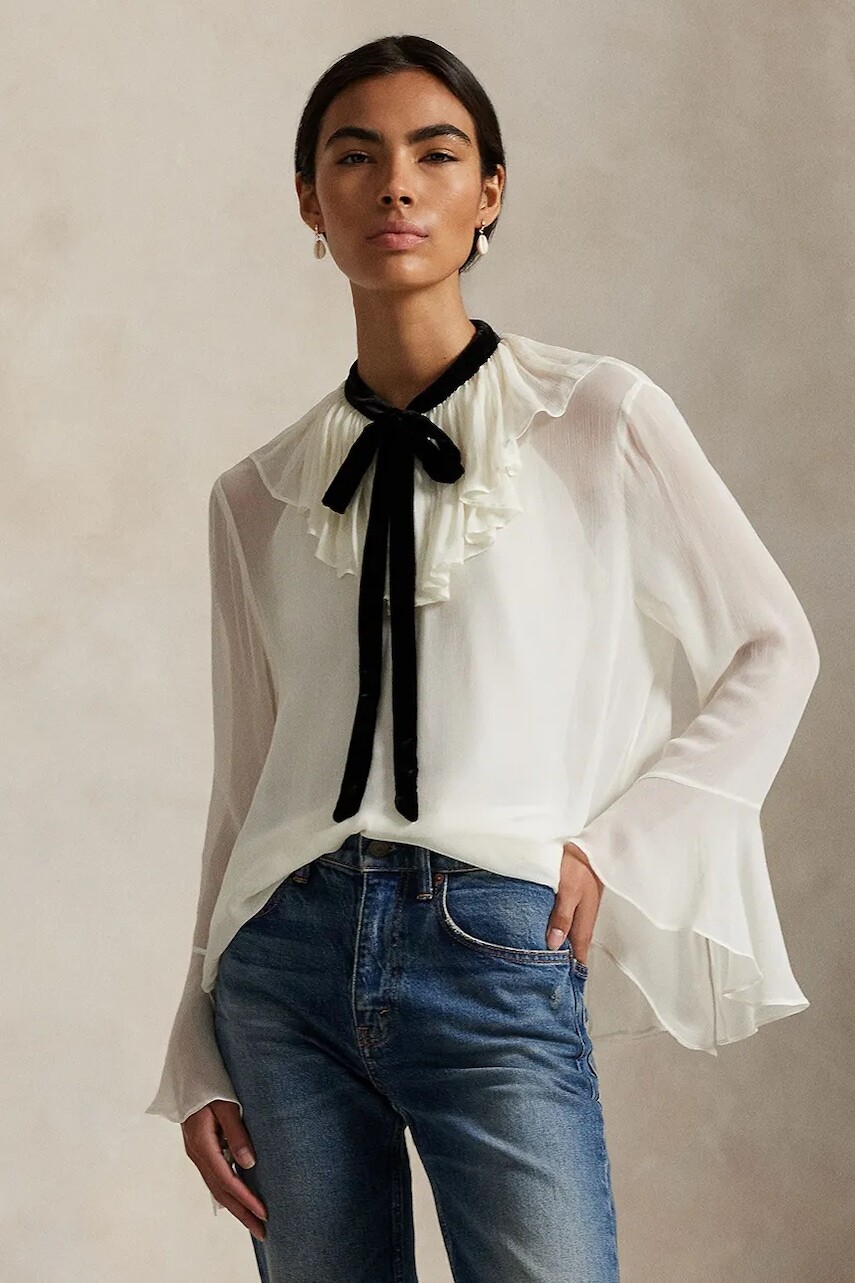 Košeľa Polo Ralph Lauren biela farba, voľný strih, s viazaním vo výstrihu, 211B14781