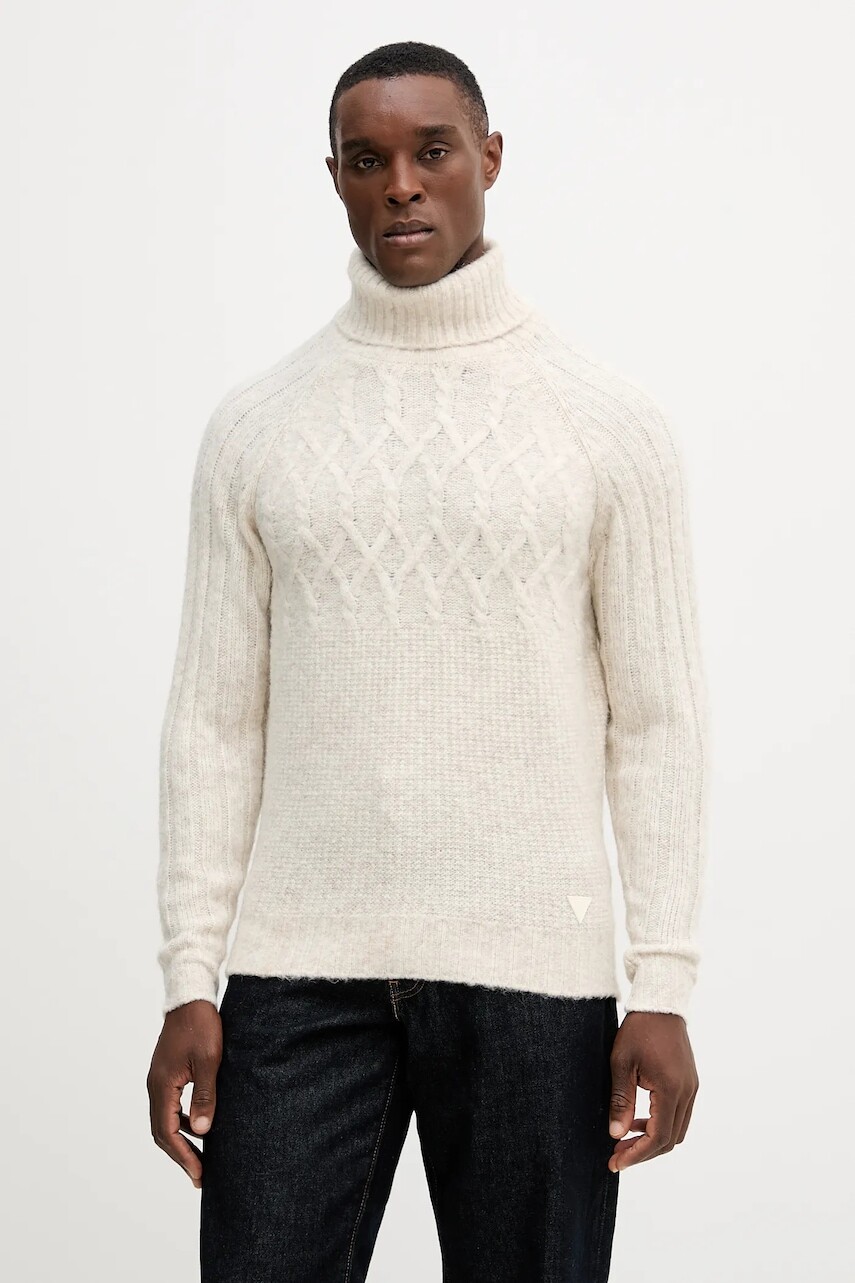 Sveter s prímesou vlny Guess JEMMY béžová farba, s rolákom, M5BR16 Z0462