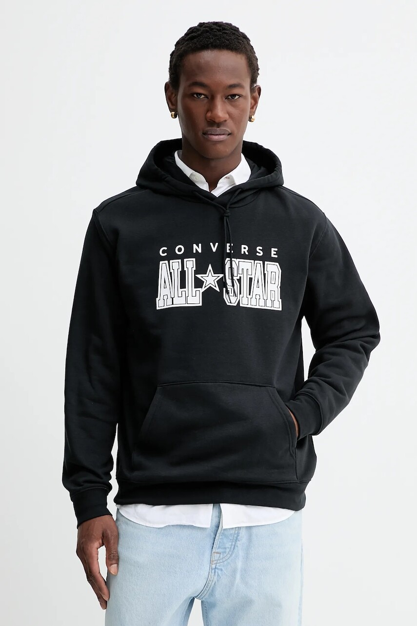 Mikina Converse čierna farba, s kapucňou, s potlačou, CVM5K160