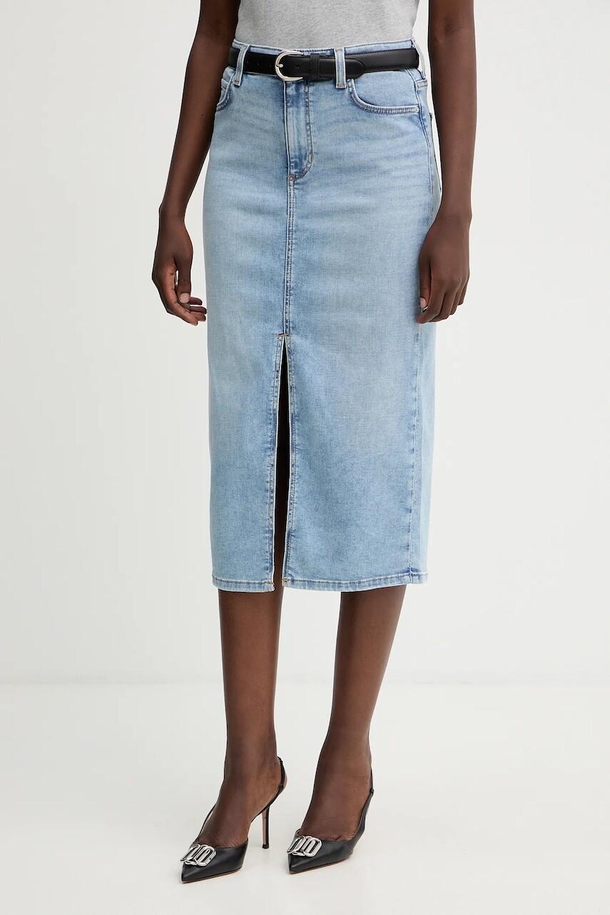 Rifľová sukňa Guess MILA tmavomodrá farba, midi, rovný strih, W5YD1L D5QQ0