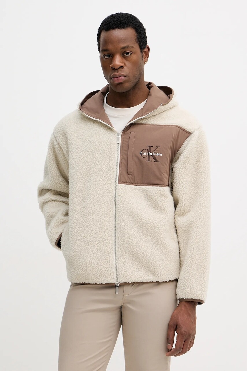 Fleecová mikina Calvin Klein Jeans béžová farba, s kapucňou, jednofarebná, LV04RD218G