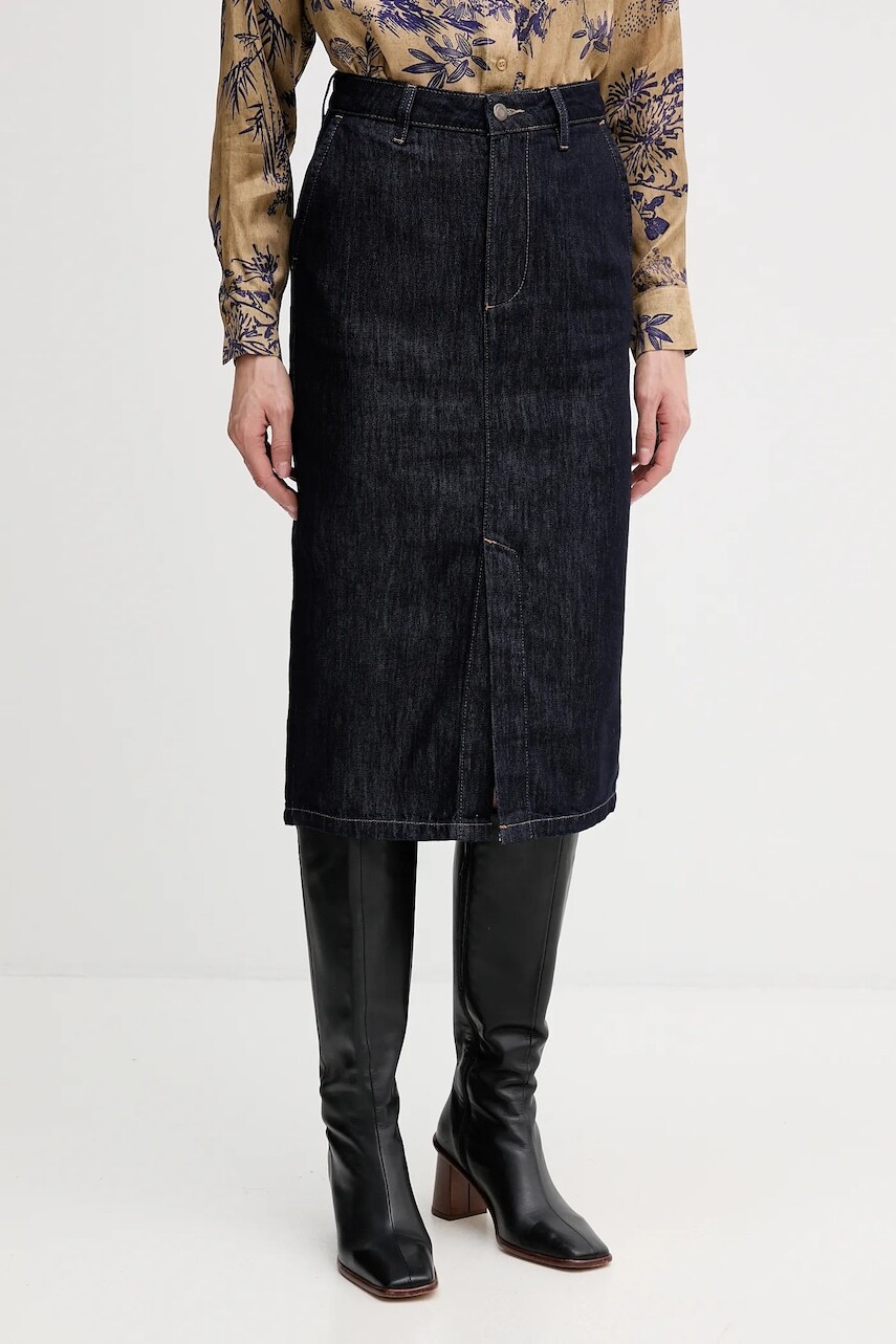 Rifľová sukňa Sisley tmavomodrá farba, midi, rovný strih, 447ZL002U