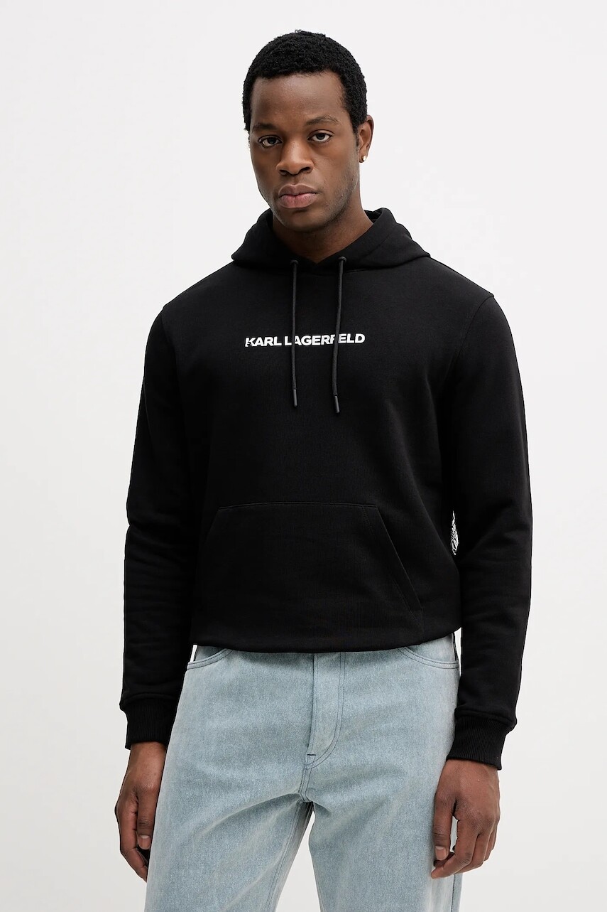 Bavlnená mikina Karl Lagerfeld čierna farba, s kapucňou, s potlačou, 554917.705404