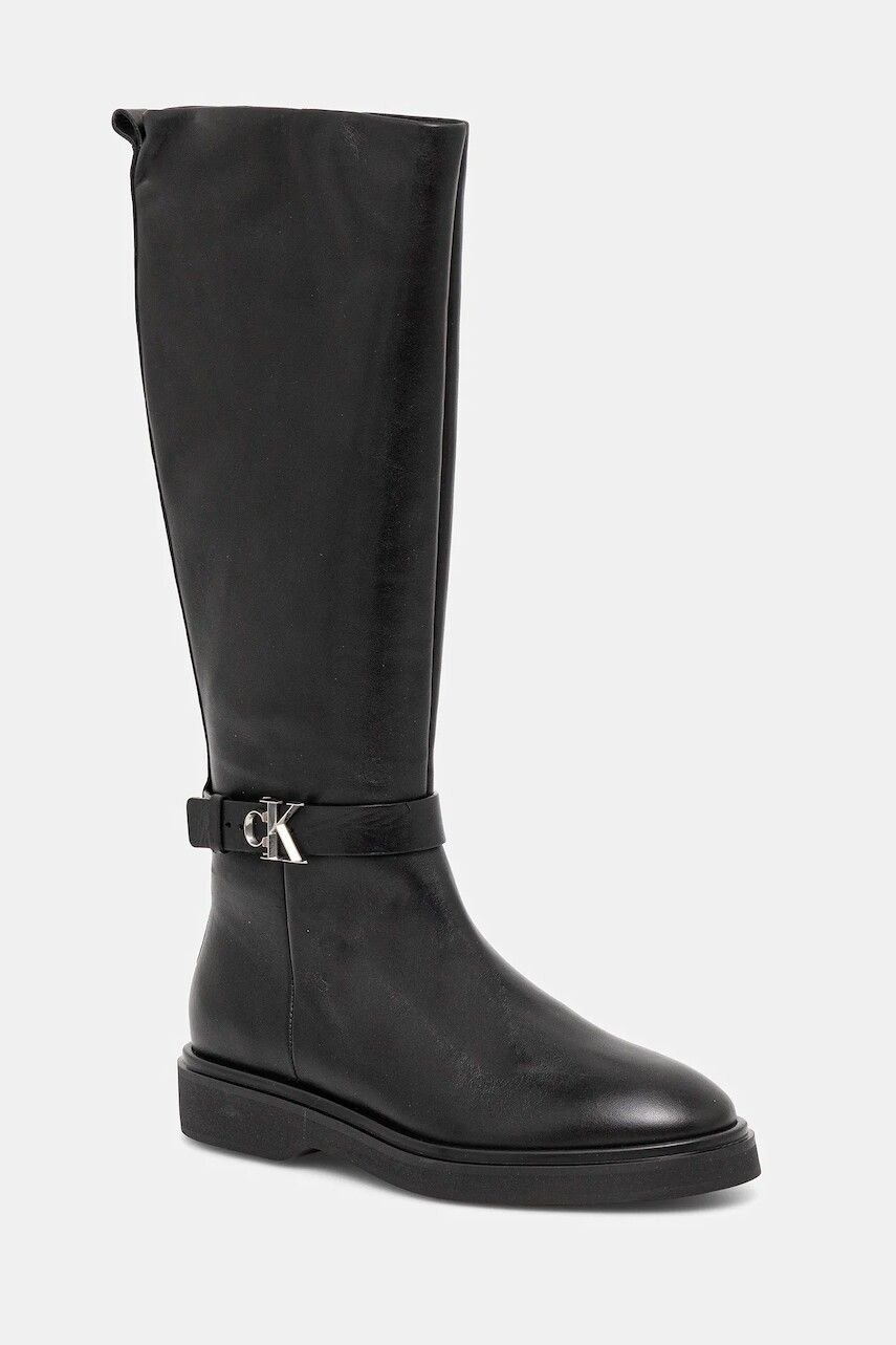 Kožené čižmy Calvin Klein KNEE BOOT W/ METAL LOGO čierna farba, na plochom podpätku, HW0HW02665