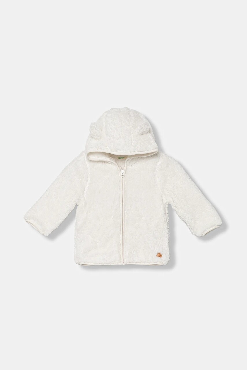 Detská fleecová mikina United Colors of Benetton biela farba, s kapucňou, jednofarebná, 36BTA501T