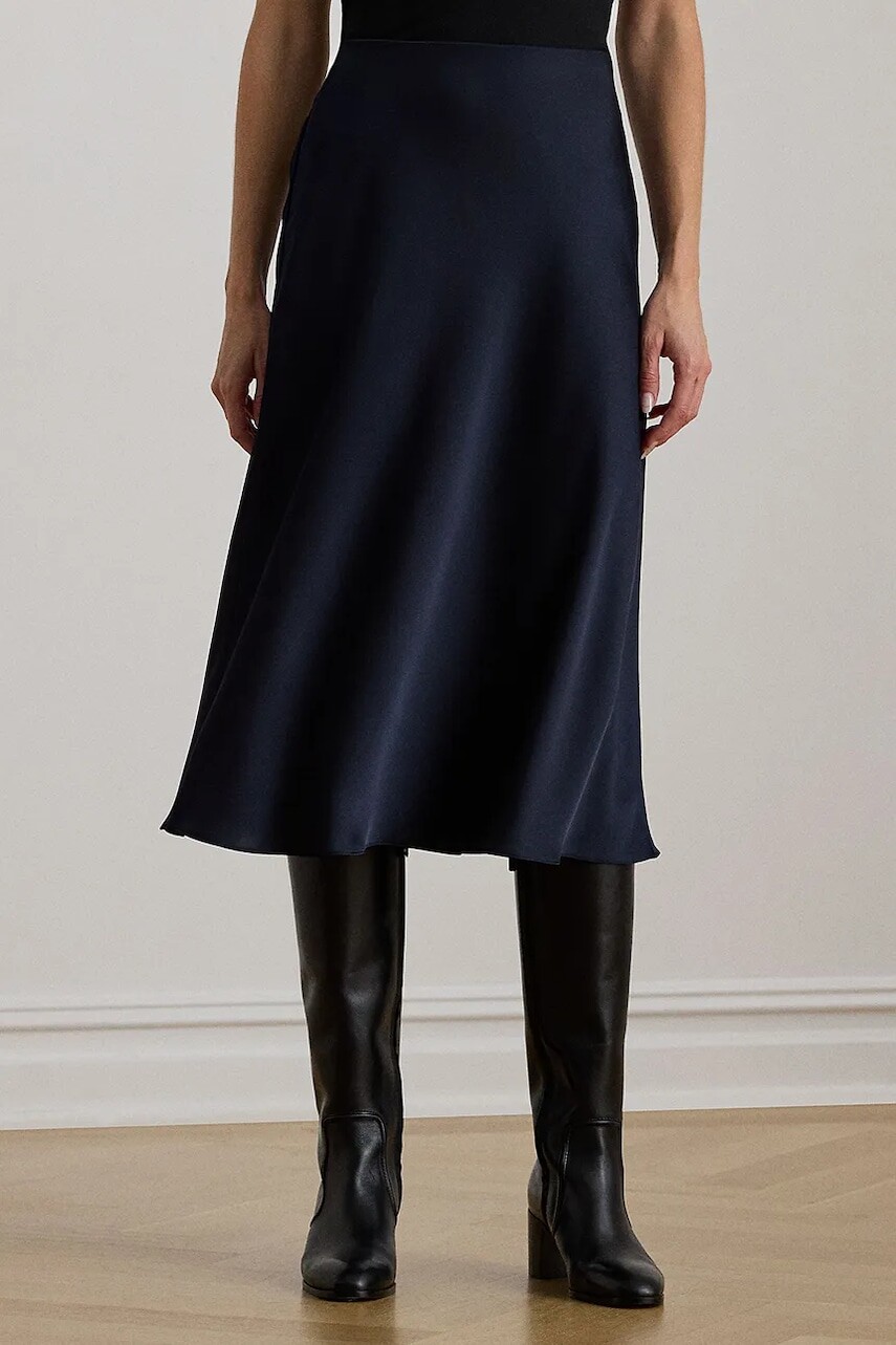 Sukňa Lauren Ralph Lauren tmavomodrá farba, midi, áčkový strih, 200925882