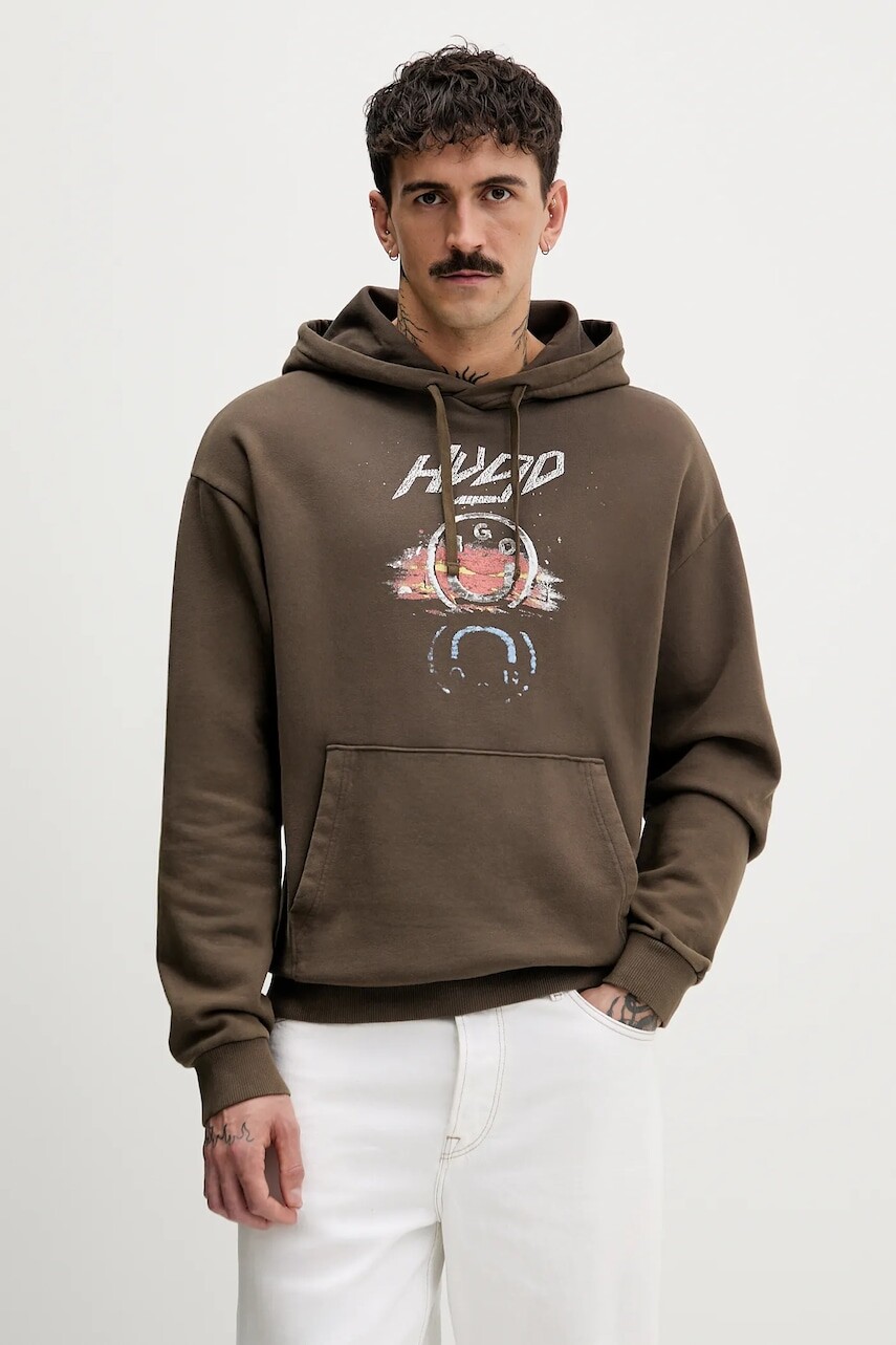 Bavlnená mikina Hugo Blue hnedá farba, s kapucňou, s potlačou, 50554385