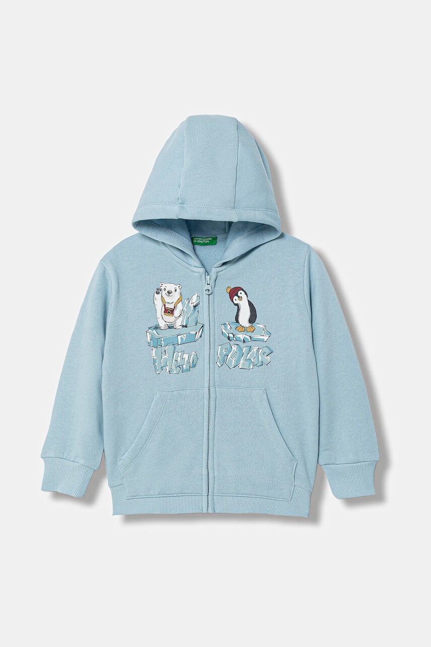 Detská mikina United Colors of Benetton modrá farba, s kapucňou, s potlačou, 3J73G5046