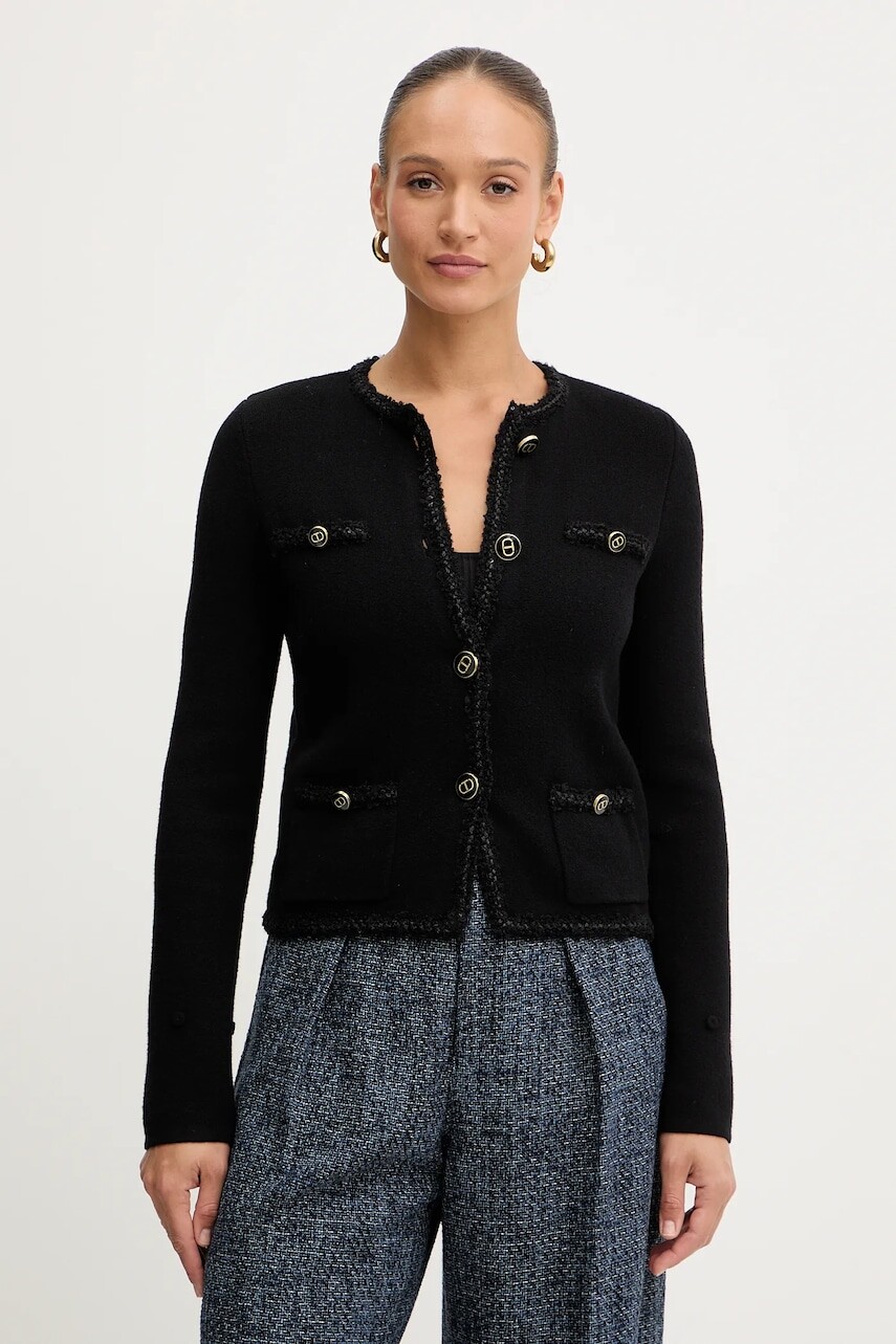 Bunda s prímesou vlny Twinset čierna farba, jednoradová, jednofarebná, 252TT3040