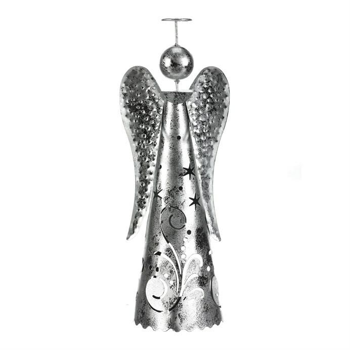 Vianočná kovová dekorácia Anjel na čajovú sviečku, strieborná