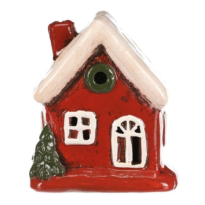 Vianočná dekorácia keramický domček s bielou strechou, LED, červená