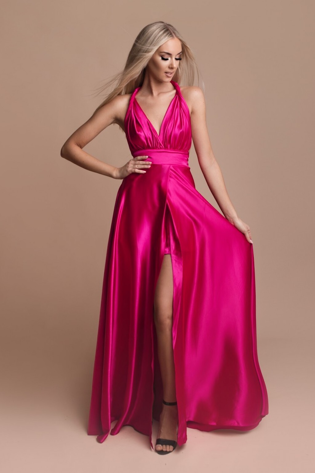 Eva & Lola Cyklámenové lesklé šaty na viazanie Veľkosť: L