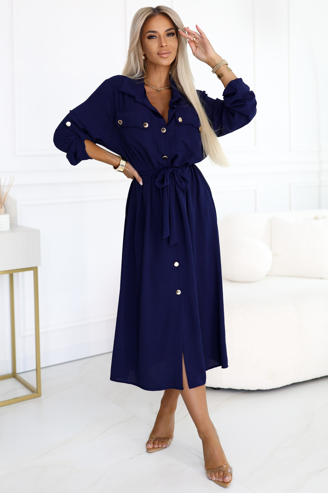 Numoco Tmavomodré košeľové midi šaty Veľkosť: UNI