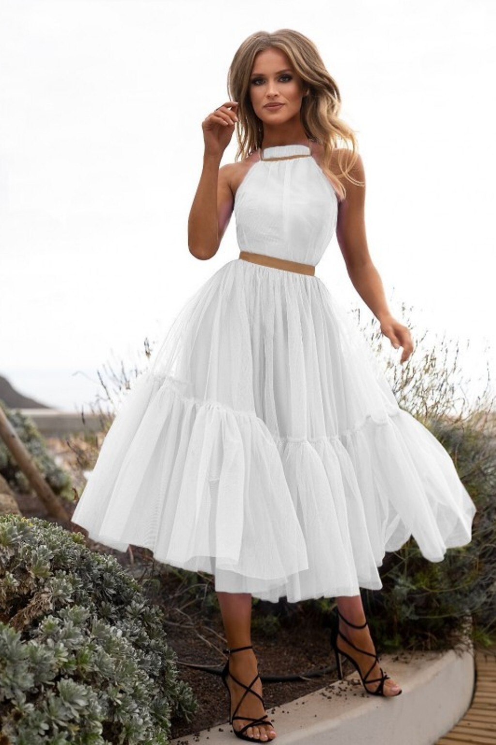 EMO Poškodený tovar - Biele tylové midi šaty Veľkosť: M