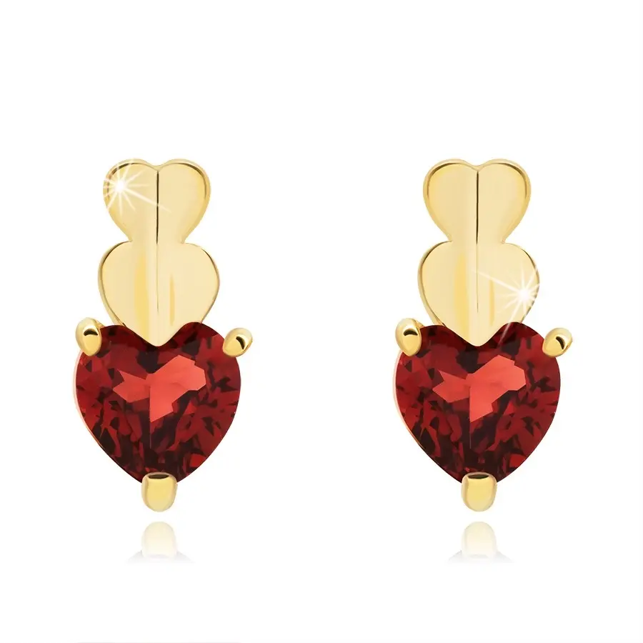 Zlaté 14K náušnice tri srdcia, prírodný granát