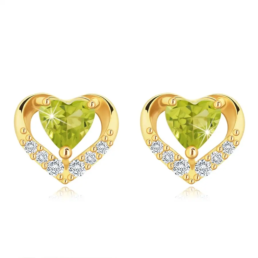 Puzetové náušnice zo žltého 14K zlata, kontúra srdca s olivínom a zirkónmi