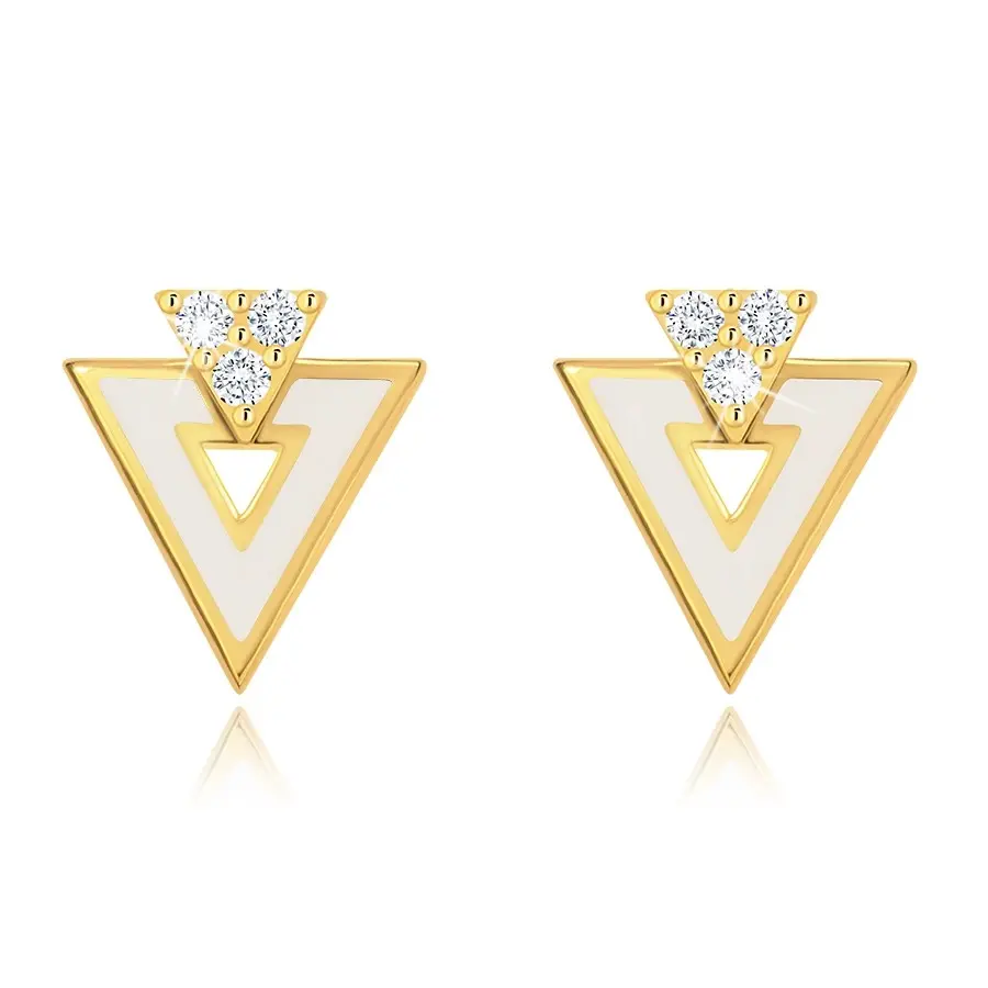 Zlaté náušnice 9K dvojitý trojuholník s bielou glazúrou a zirkónmi