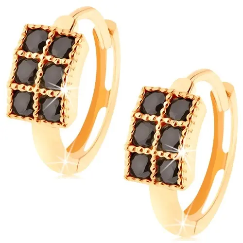 Zlaté náušnice 14K kruhy s obdĺžnikom a šiestimi čiernymi zirkónmi