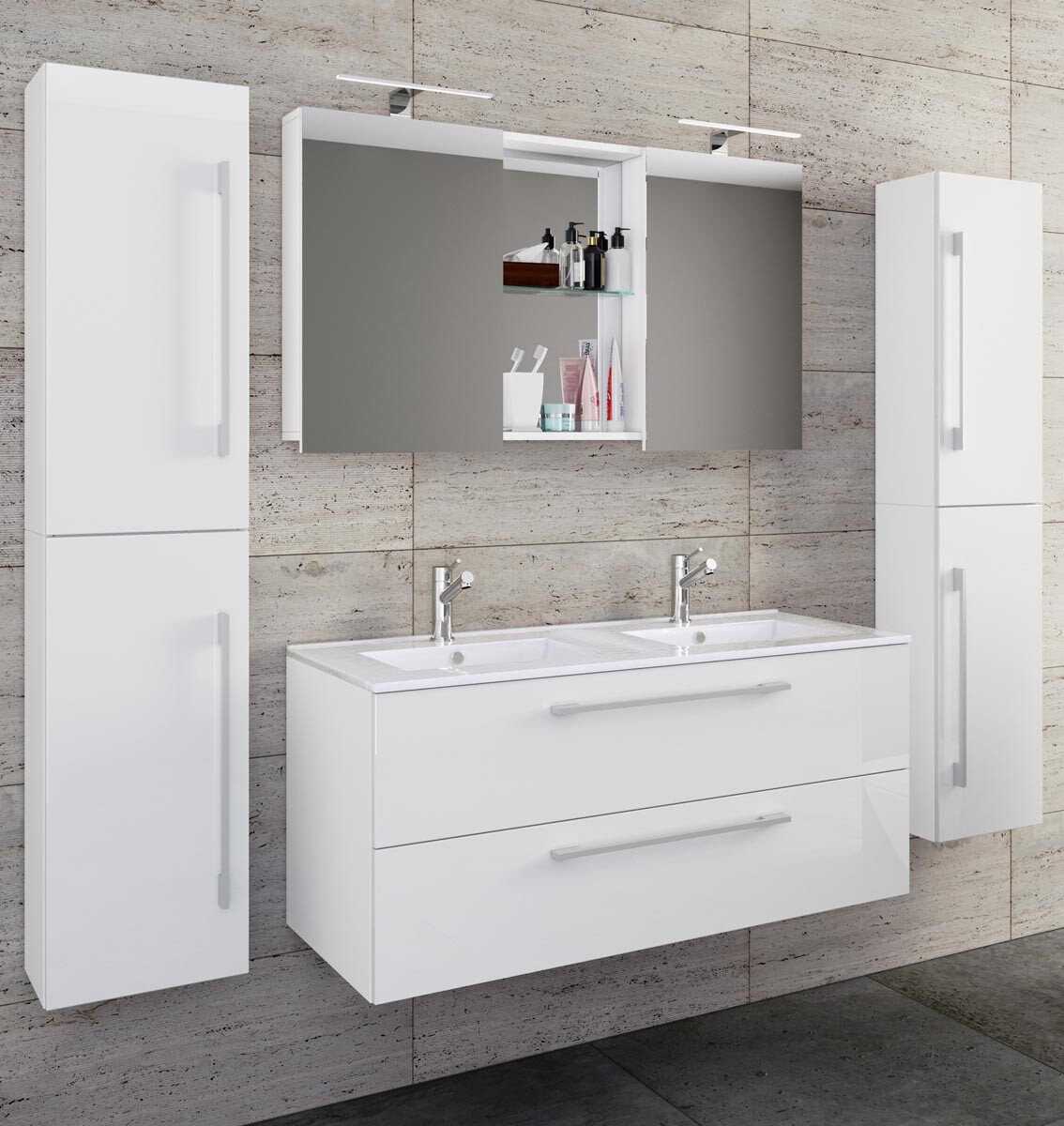 5-dielna umývadlová skrinka Budasi s 2 vysokými skrinkami, biela