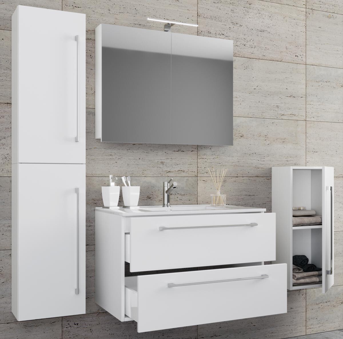 5-dielna umývadlová skrinka Badinos 2 zásuvky 60 cm so zrkadlom a strednou/vyššou skrinkou, biela