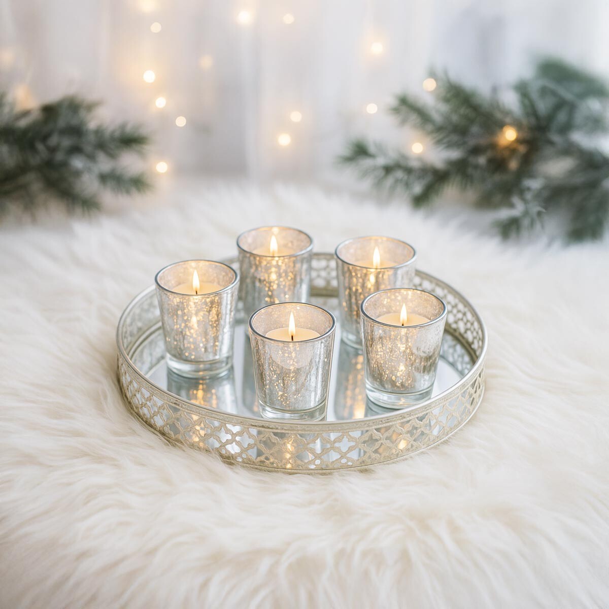 Súprava svietnikov s podnosom, strieborná
