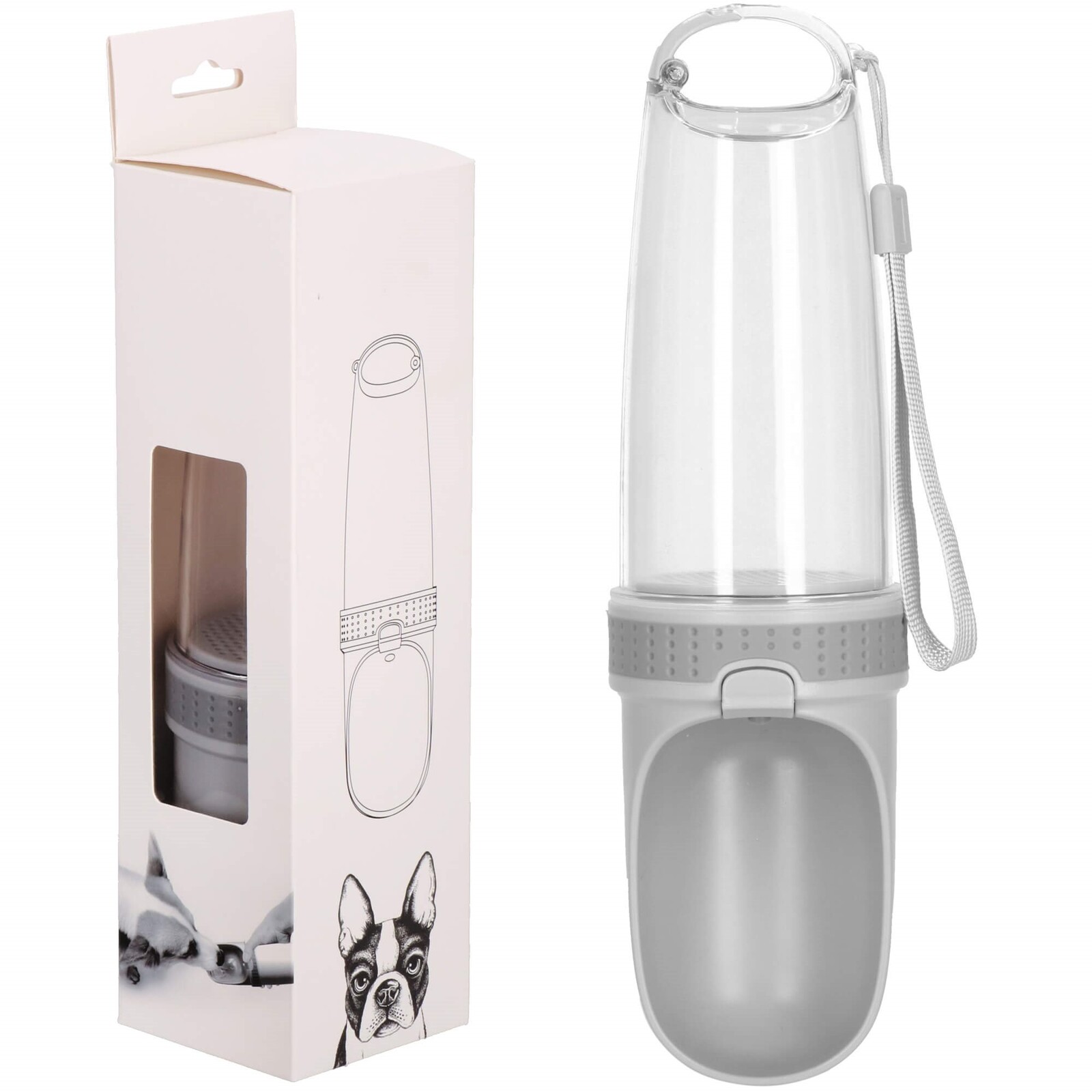 Fľaša na vodu pre psov a mačky s filtrom a napájadlom, 350 ml, šedá, priehľadná