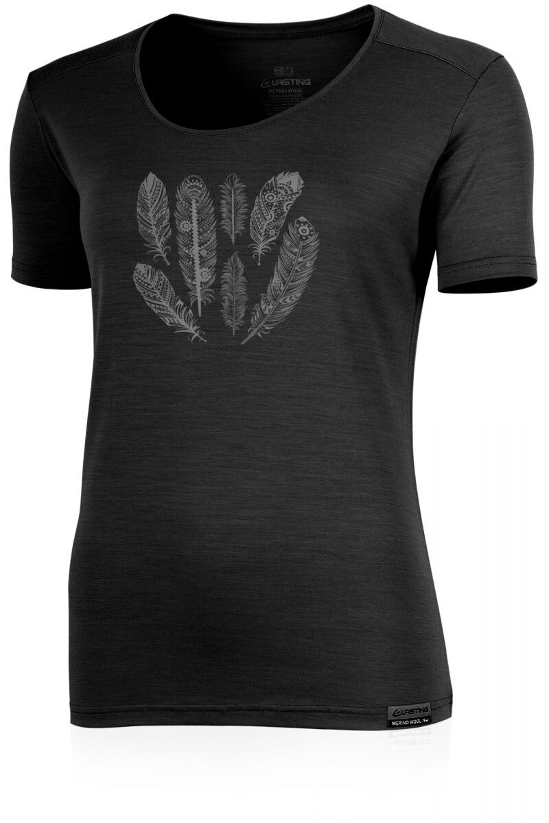 Lasting dámske merino tričko s tlačou AVA čierne Veľkosť: M 8595067904511