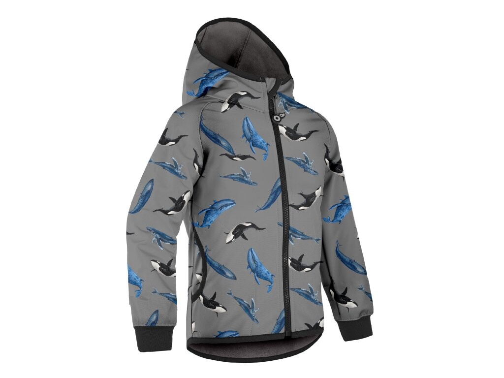 Unuo Unuo, Detská softshellová bunda s fleecom Basic, Sivá, Veľryby Veľkosť: 98/104 8596227137541