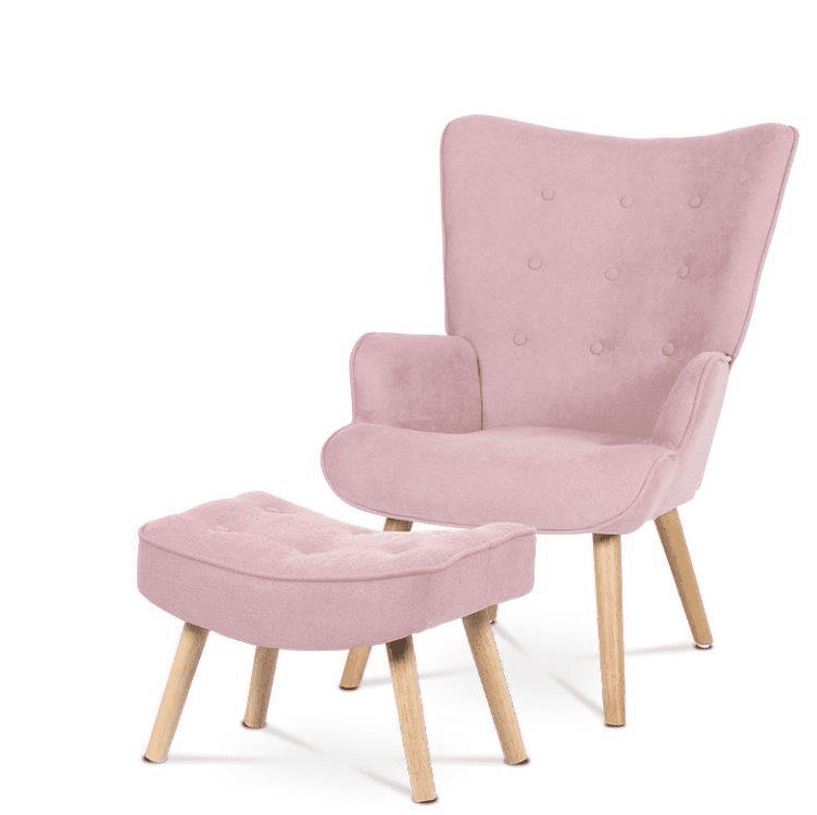 Relaxačné kreslo ušiak s podnožkou ALFIE – masív, látka, ružová