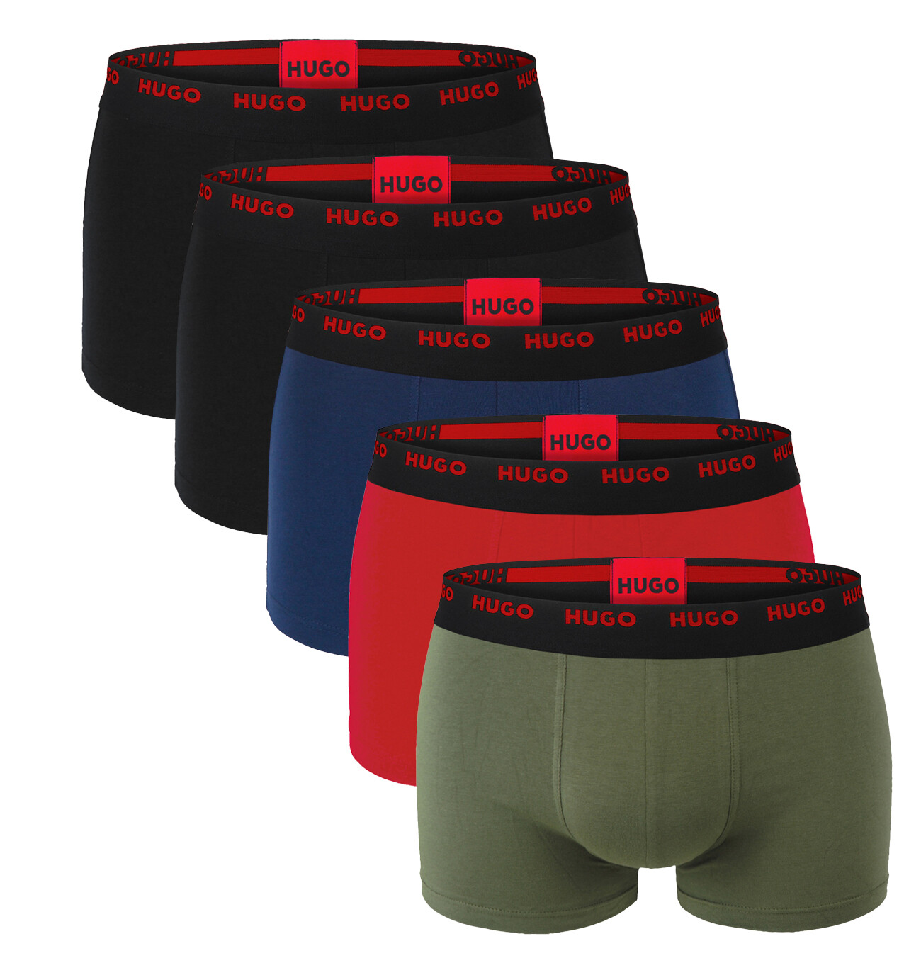 HUGO - boxerky 5PACK cotton stretch modern dark blue / red logo waist